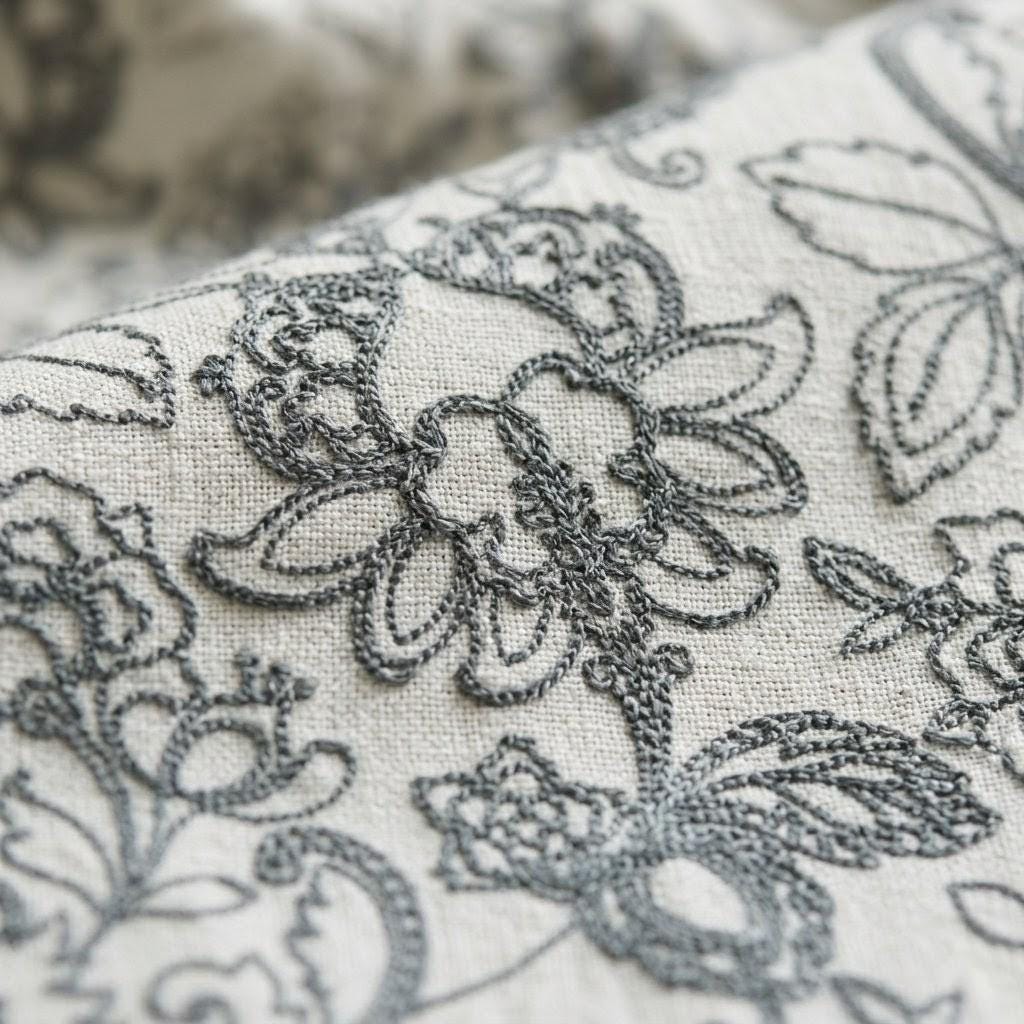 Charcoal Floral Embroidered Linen Curtains, Natural Oatmeal Botanical Panels — image 7