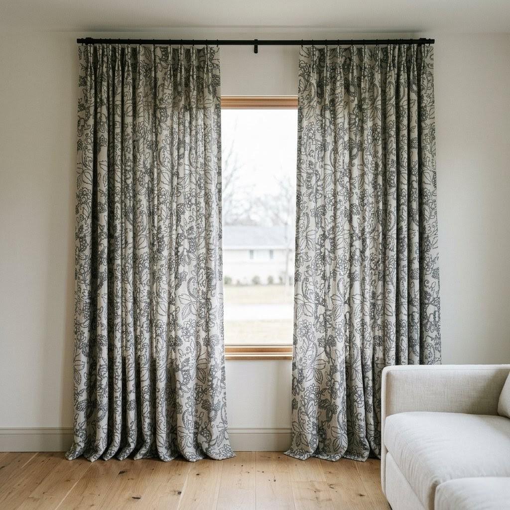 Charcoal Floral Embroidered Linen Curtains, Natural Oatmeal Botanical Panels — image 8
