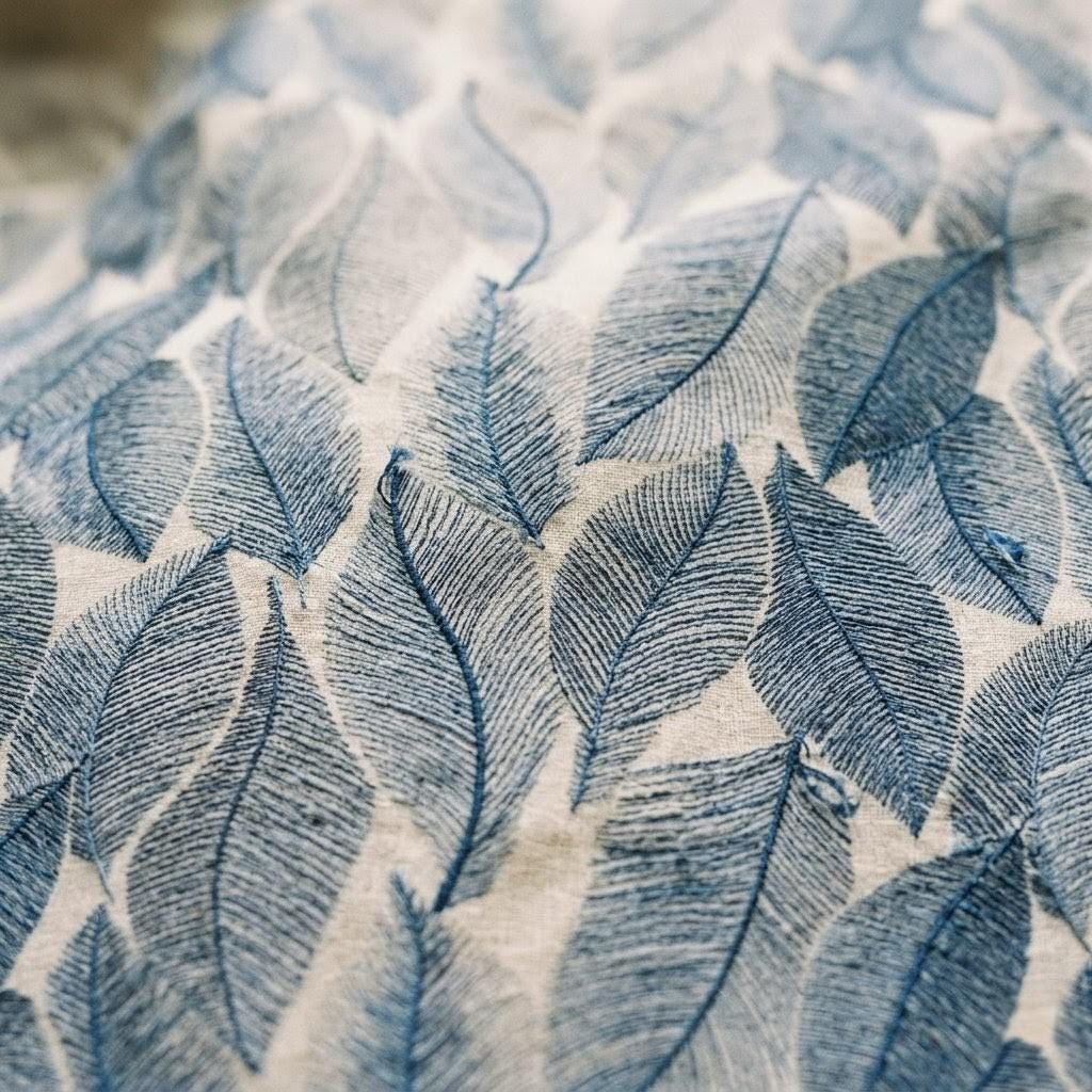 Blue Botanical Leaf Linen Roman Shade, Custom Corded Window Treatment, Ivory Botanical Embroidery — image 6