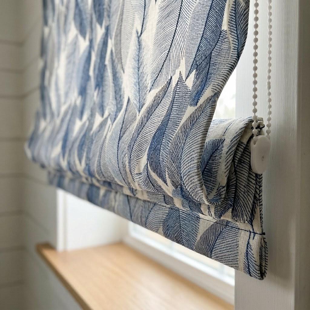 Blue Botanical Leaf Linen Roman Shade, Custom Corded Window Treatment, Ivory Botanical Embroidery — image 1
