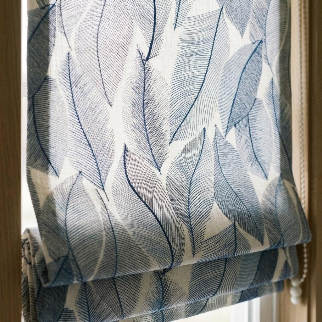 Blue Botanical Leaf Linen Roman Shade, Custom Corded Window Treatment, Ivory Botanical Embroidery — image 7