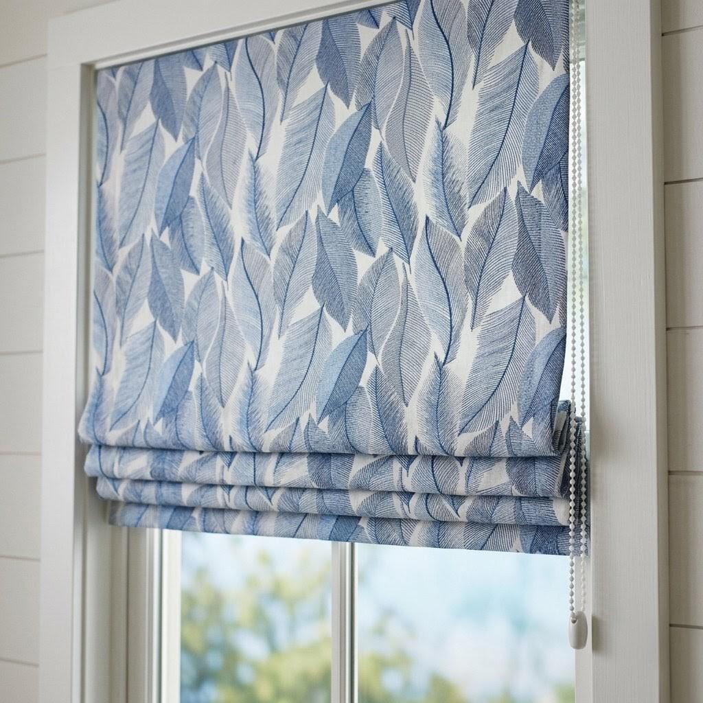 Blue Botanical Leaf Linen Roman Shade, Custom Corded Window Treatment, Ivory Botanical Embroidery — image 1