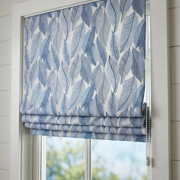 Blue Botanical Leaf Linen Roman Shade, Custom Corded Window Treatment, Ivory Botanical Embroidery — image 1