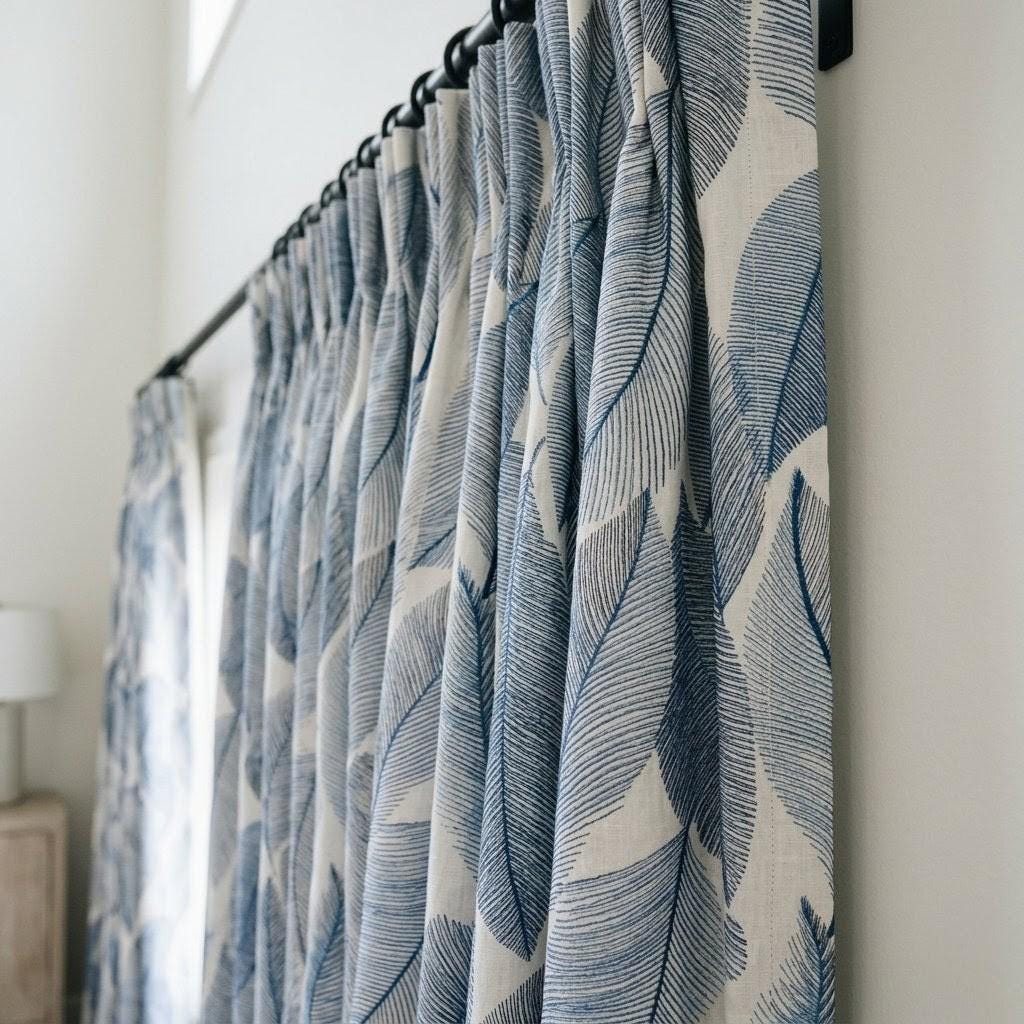 Ivory Blue Leaf Embroidered Linen Curtains, Botanical Custom Drapes, Sheer Privacy Blackout Curtain Panels — image 2