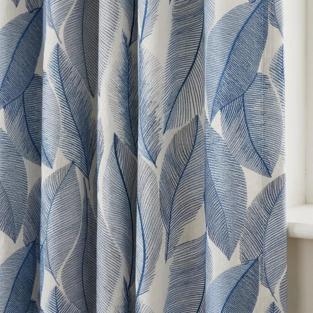 Ivory Blue Leaf Embroidered Linen Curtains, Botanical Custom Drapes, Sheer Privacy Blackout Curtain Panels — image 1