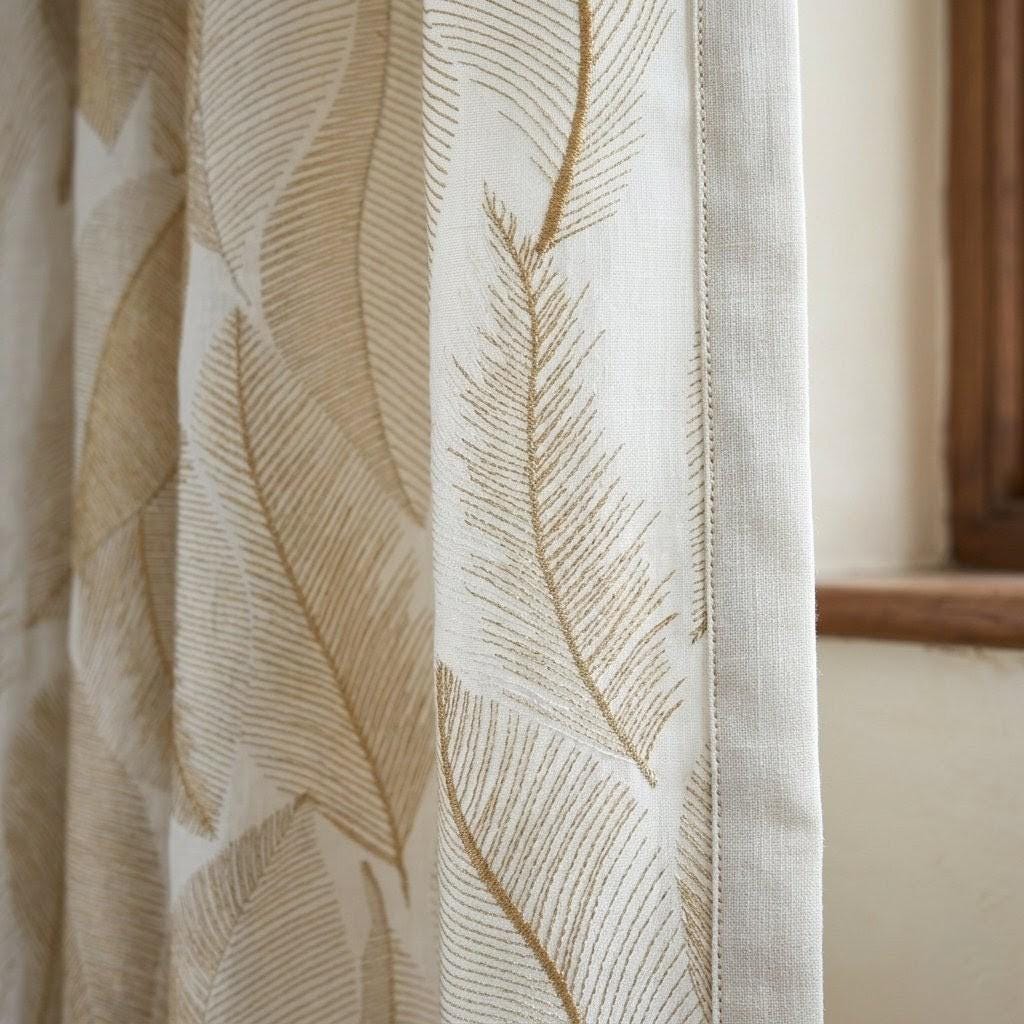 Ivory Flax Leaf Embroidered Linen Curtains, Botanical Custom Drapes, Sheer Privacy Blackout Curtain Panels — image 1