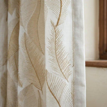 Ivory Flax Leaf Embroidered Linen Curtains, Botanical Custom Drapes, Sheer Privacy Blackout Curtain Panels — image 1