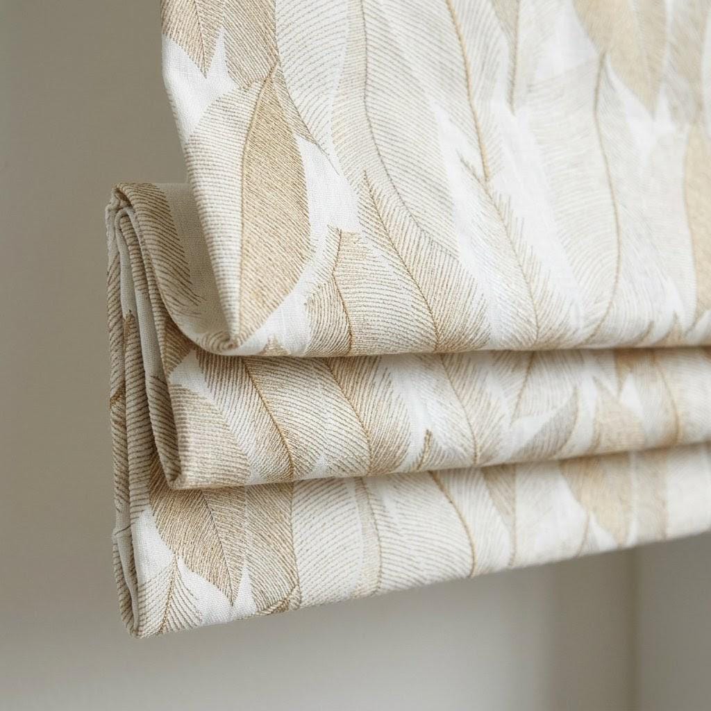 Custom Linen Roman Shade, Botanical Leaf Embroidery, Ivory Flax Window Blind — image 1