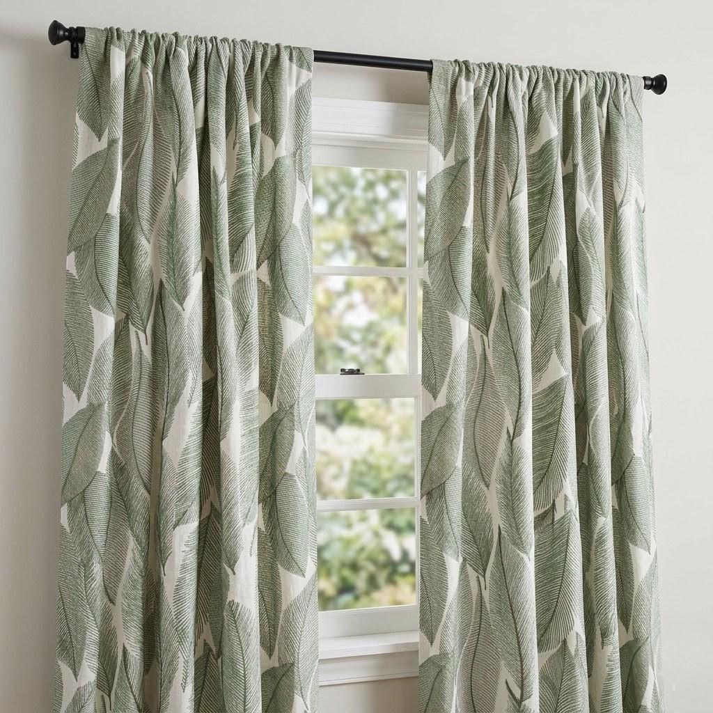 Ivory Green Leaf Embroidered Linen Curtains, Botanical Custom Drapes, Sheer Privacy Blackout Curtain Panels — image 6