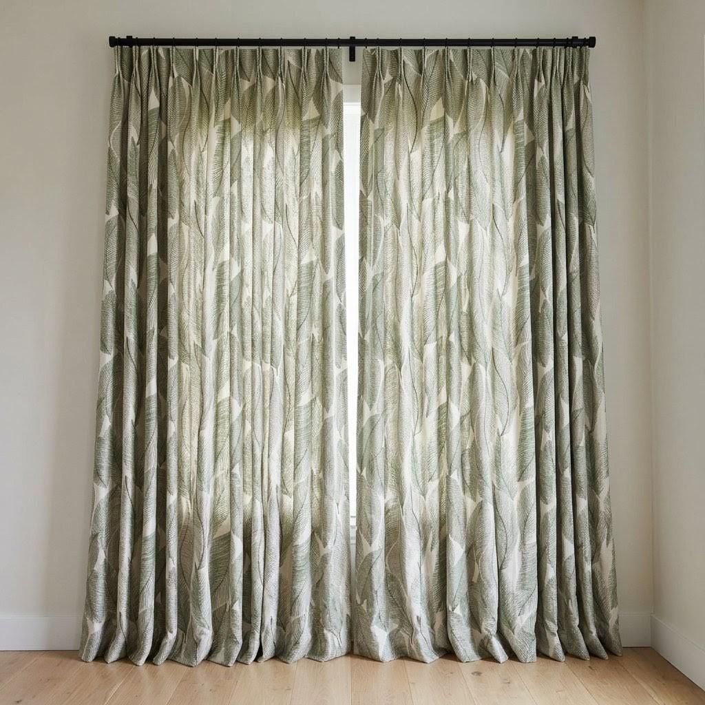 Ivory Green Leaf Embroidered Linen Curtains, Botanical Custom Drapes, Sheer Privacy Blackout Curtain Panels — image 7