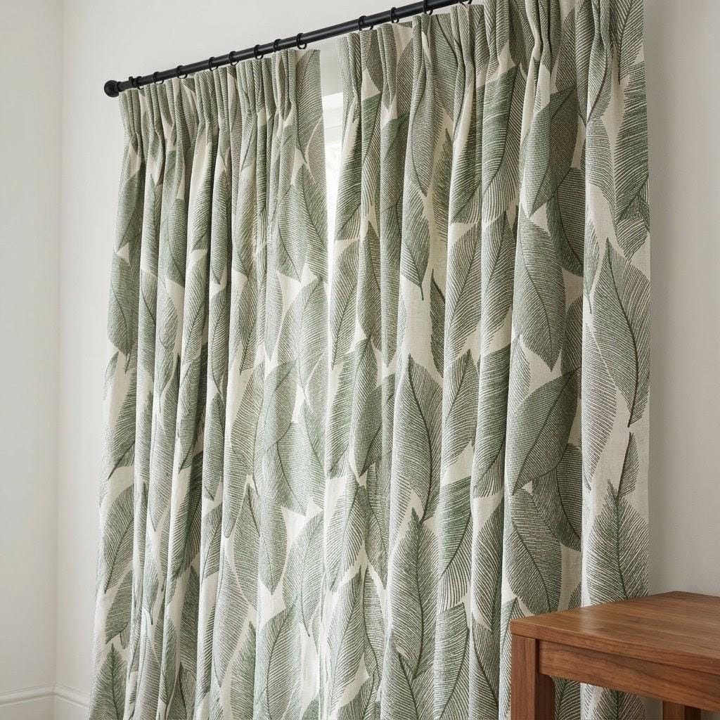 Ivory Green Leaf Embroidered Linen Curtains, Botanical Custom Drapes, Sheer Privacy Blackout Curtain Panels — image 2