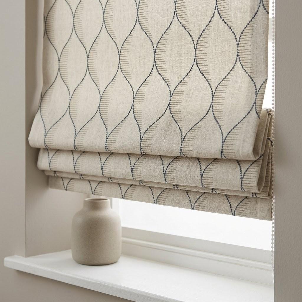 Embroidered Linen Roman Shade, Ogee Wave Custom Window Blind, Beige Blue — image 1