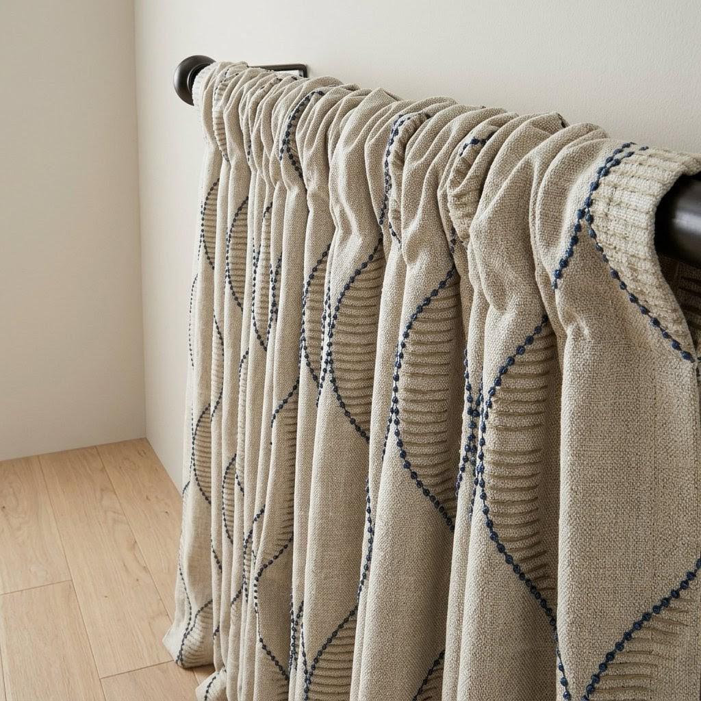 Blue Geometric Embroidered Linen Curtains, Natural Oatmeal Trellis Panels — image 5