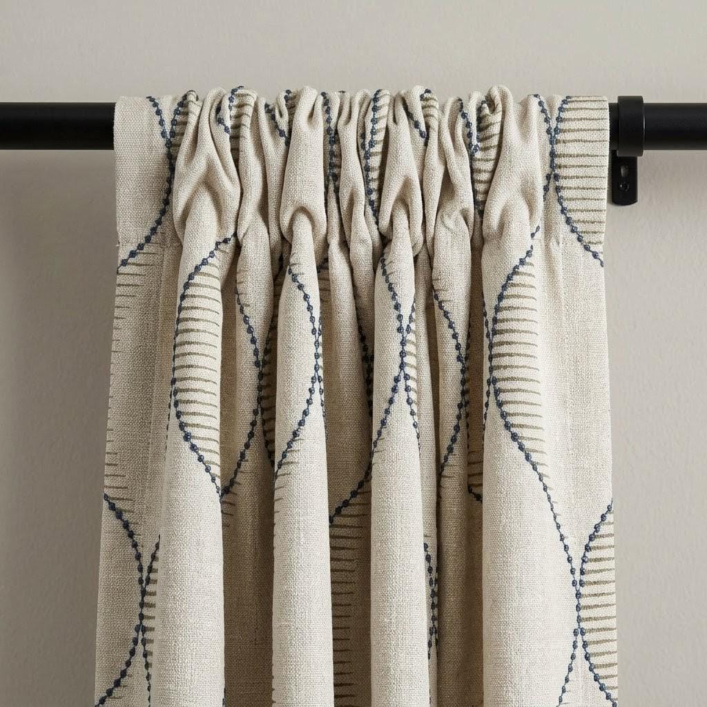 Blue Geometric Embroidered Linen Curtains, Natural Oatmeal Trellis Panels — image 8