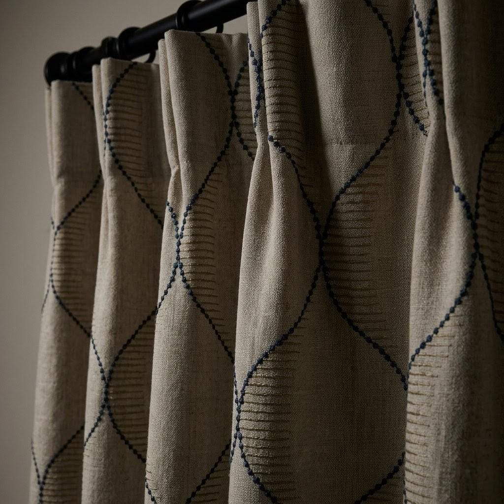 Blue Geometric Embroidered Linen Curtains, Natural Oatmeal Trellis Panels — image 6