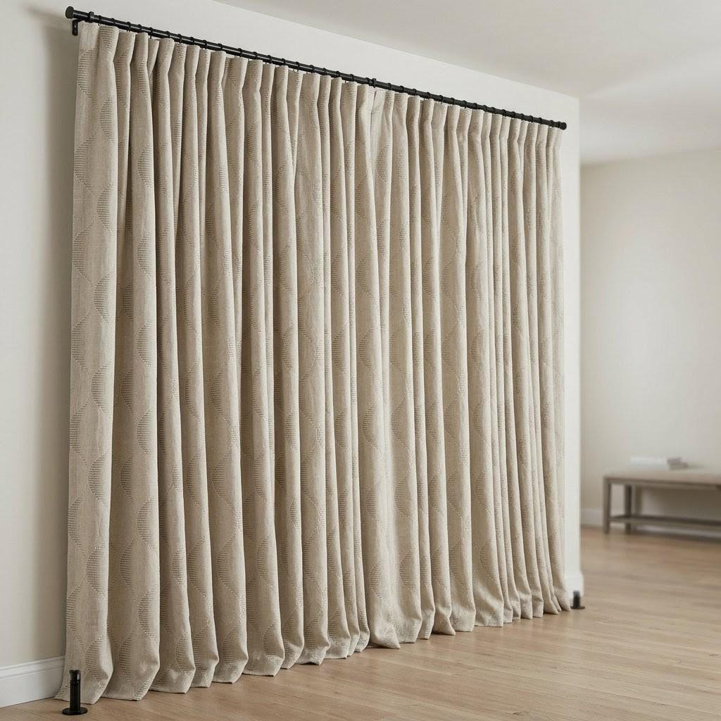 Oatmeal Beige Linen Curtains, Ivory Geometric Ogee Trellis Embroidery Panels — image 2
