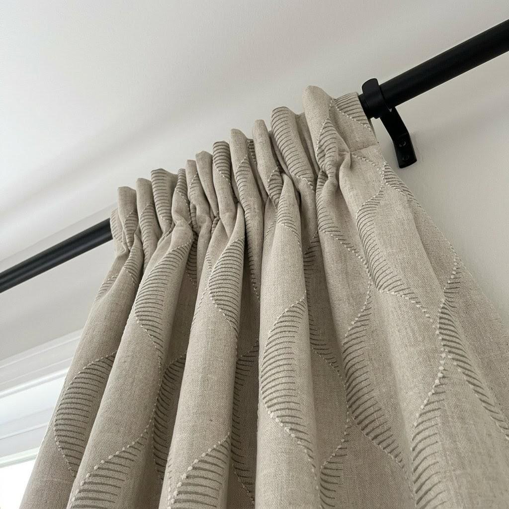 Oatmeal Beige Linen Curtains, Ivory Geometric Ogee Trellis Embroidery Panels — image 5