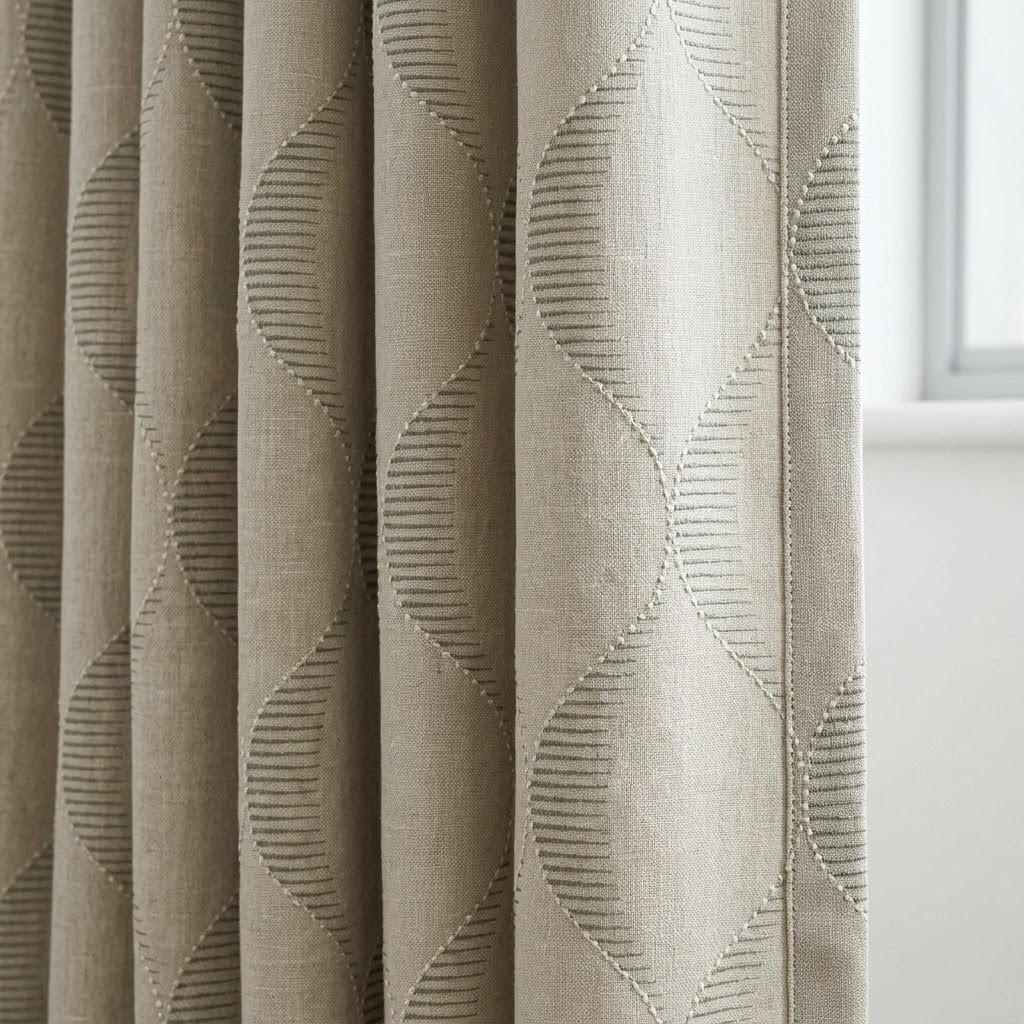 Oatmeal Beige Linen Curtains, Ivory Geometric Ogee Trellis Embroidery Panels — image 1