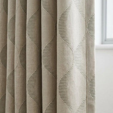 Oatmeal Beige Linen Curtains, Ivory Geometric Ogee Trellis Embroidery Panels — image 1