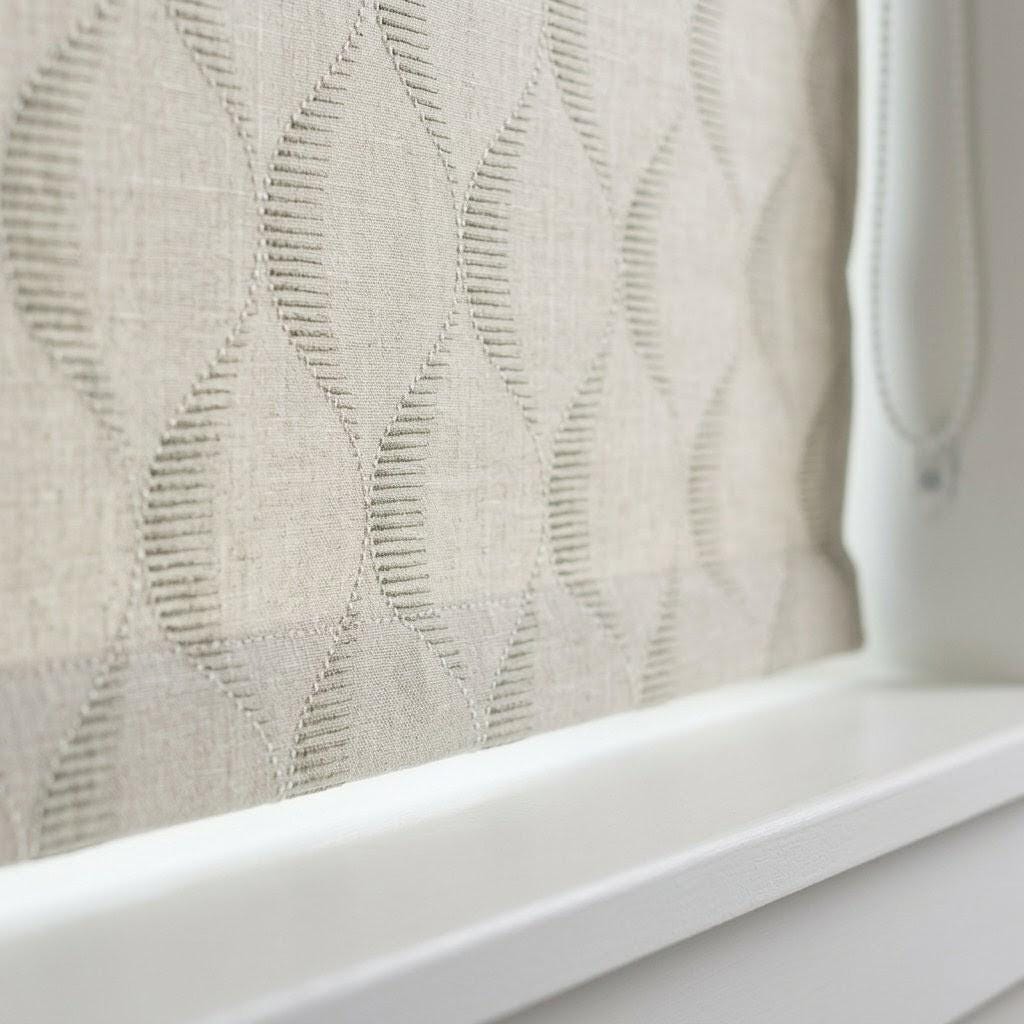 Beige Taupe Embroidered Linen Roman Shade, Custom Ogee Window Blind, Tone on Tone Weave — image 8