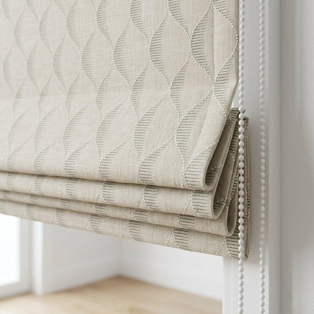 Beige Taupe Embroidered Linen Roman Shade, Custom Ogee Window Blind, Tone on Tone Weave — image 1