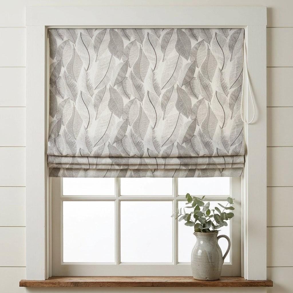 Custom Grey Leaf Linen Roman Shade, Botanical Embroidered Window Treatment, Ivory Blackout Blind — image 1