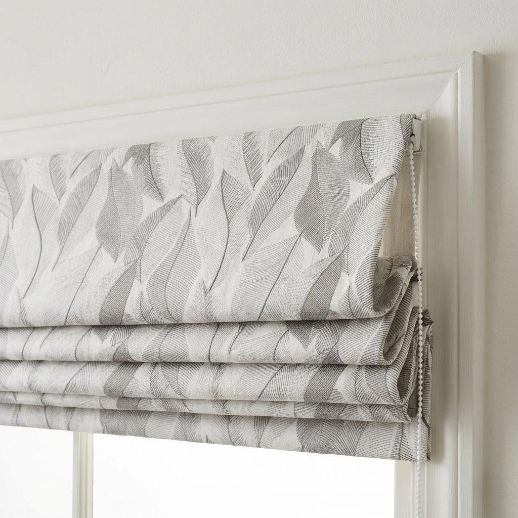 Custom Grey Leaf Linen Roman Shade, Botanical Embroidered Window Treatment, Ivory Blackout Blind — image 1