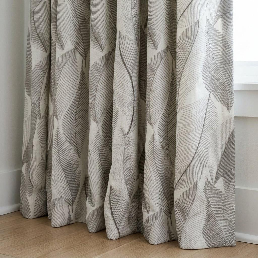 Ivory Grey Leaf Embroidered Linen Curtains, Botanical Custom Drapes, Sheer Privacy Blackout Curtain Panels — image 1
