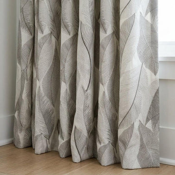 Ivory Grey Leaf Embroidered Linen Curtains, Botanical Custom Drapes, Sheer Privacy Blackout Curtain Panels — image 1