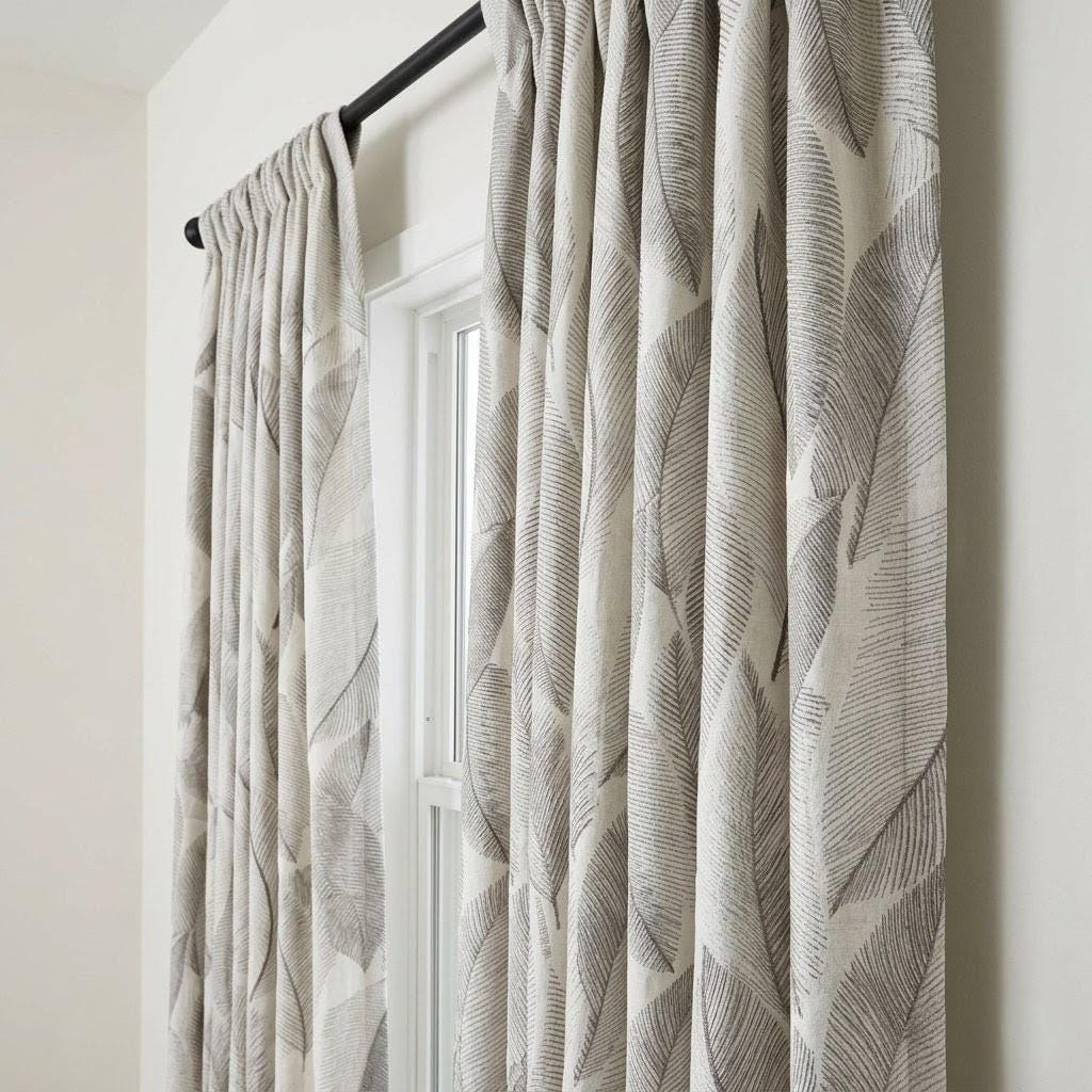 Ivory Grey Leaf Embroidered Linen Curtains, Botanical Custom Drapes, Sheer Privacy Blackout Curtain Panels — image 2