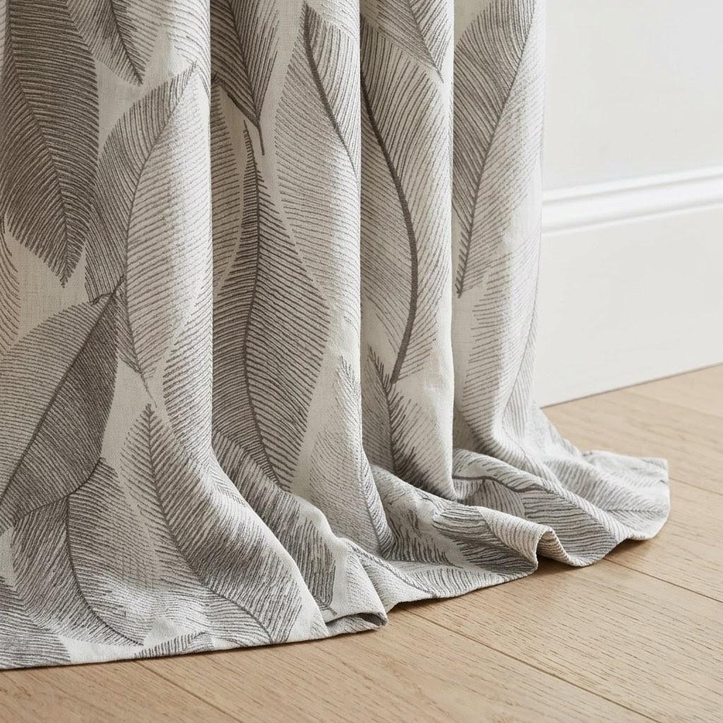 Ivory Grey Leaf Embroidered Linen Curtains, Botanical Custom Drapes, Sheer Privacy Blackout Curtain Panels — image 7