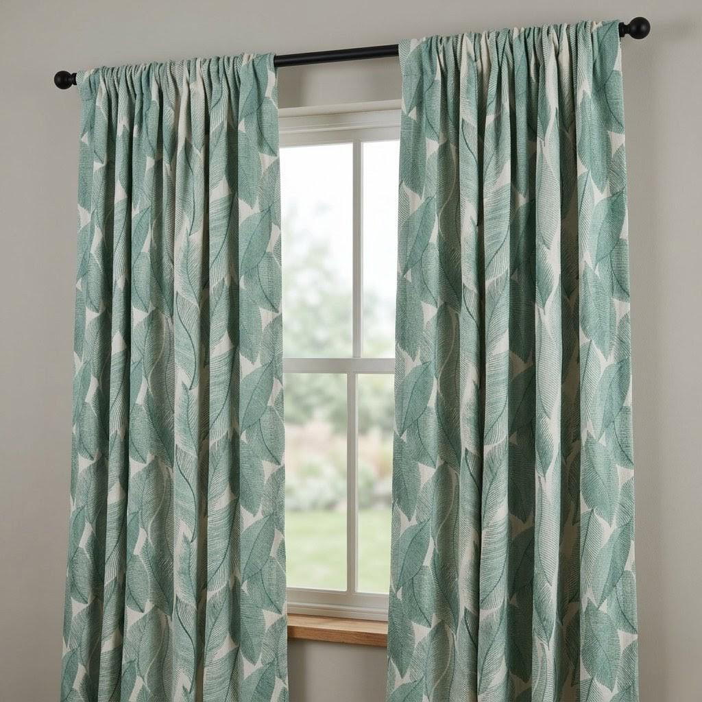 Seafoam Green Leaf Embroidered Linen Curtains, Ivory Botanical Drapes, Custom Sheer Privacy Curtain Panels — image 1