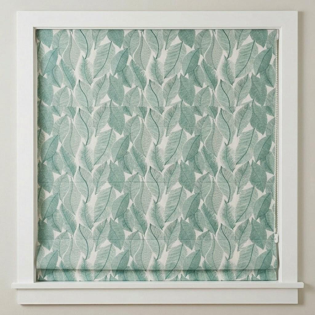 Teal Leaf Embroidered Linen Roman Shade, Custom Botanical Window Blind (Blackout Option) — image 3