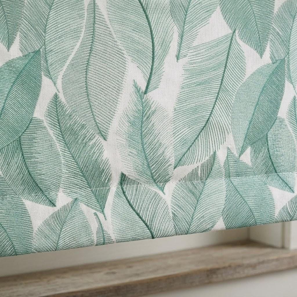 Teal Leaf Embroidered Linen Roman Shade, Custom Botanical Window Blind (Blackout Option) — image 4