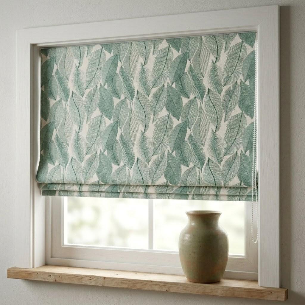 Teal Leaf Embroidered Linen Roman Shade, Custom Botanical Window Blind (Blackout Option) — image 2