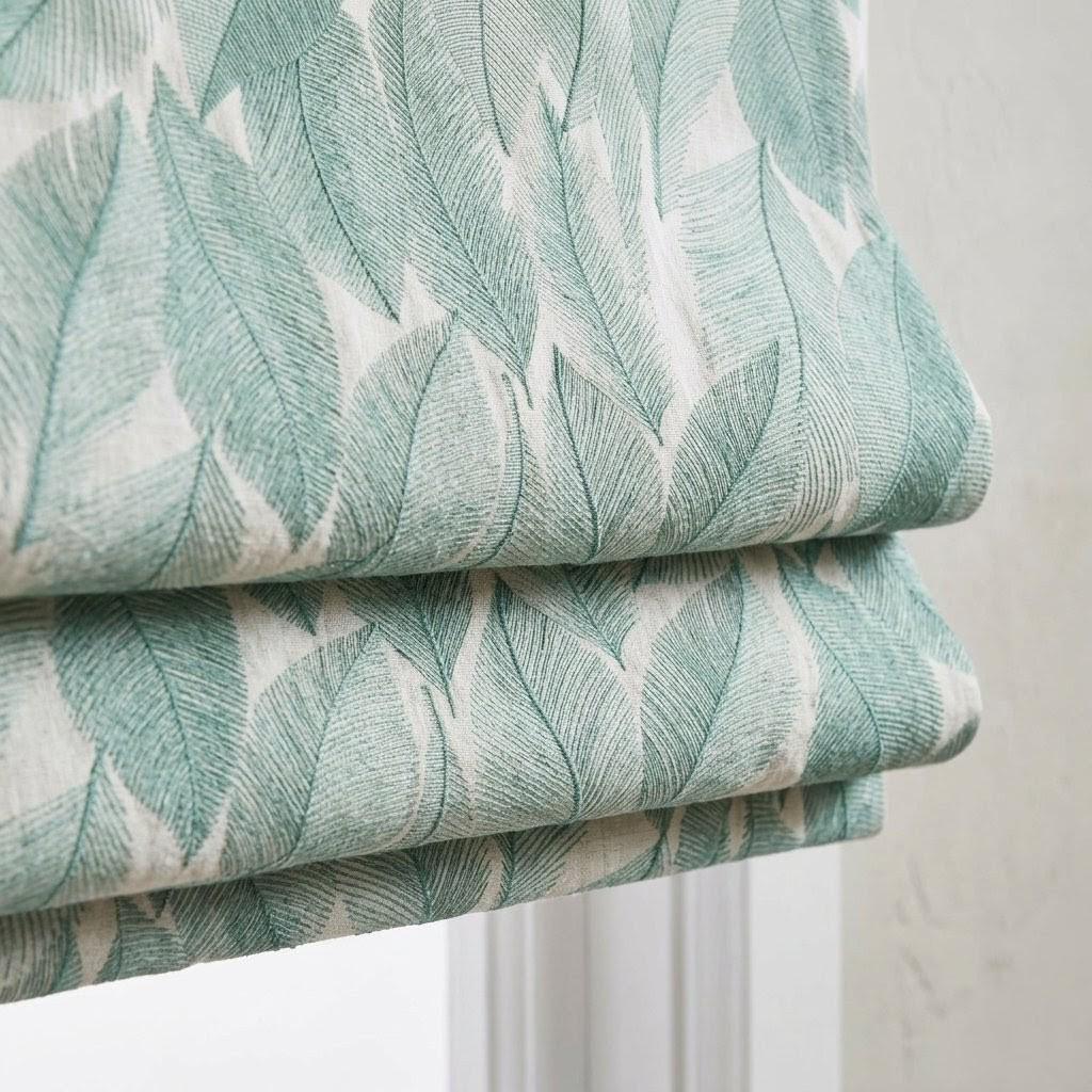 Teal Leaf Embroidered Linen Roman Shade, Custom Botanical Window Blind (Blackout Option) — image 1