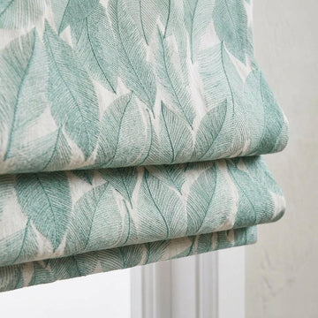 Teal Leaf Embroidered Linen Roman Shade, Custom Botanical Window Blind (Blackout Option) — image 1