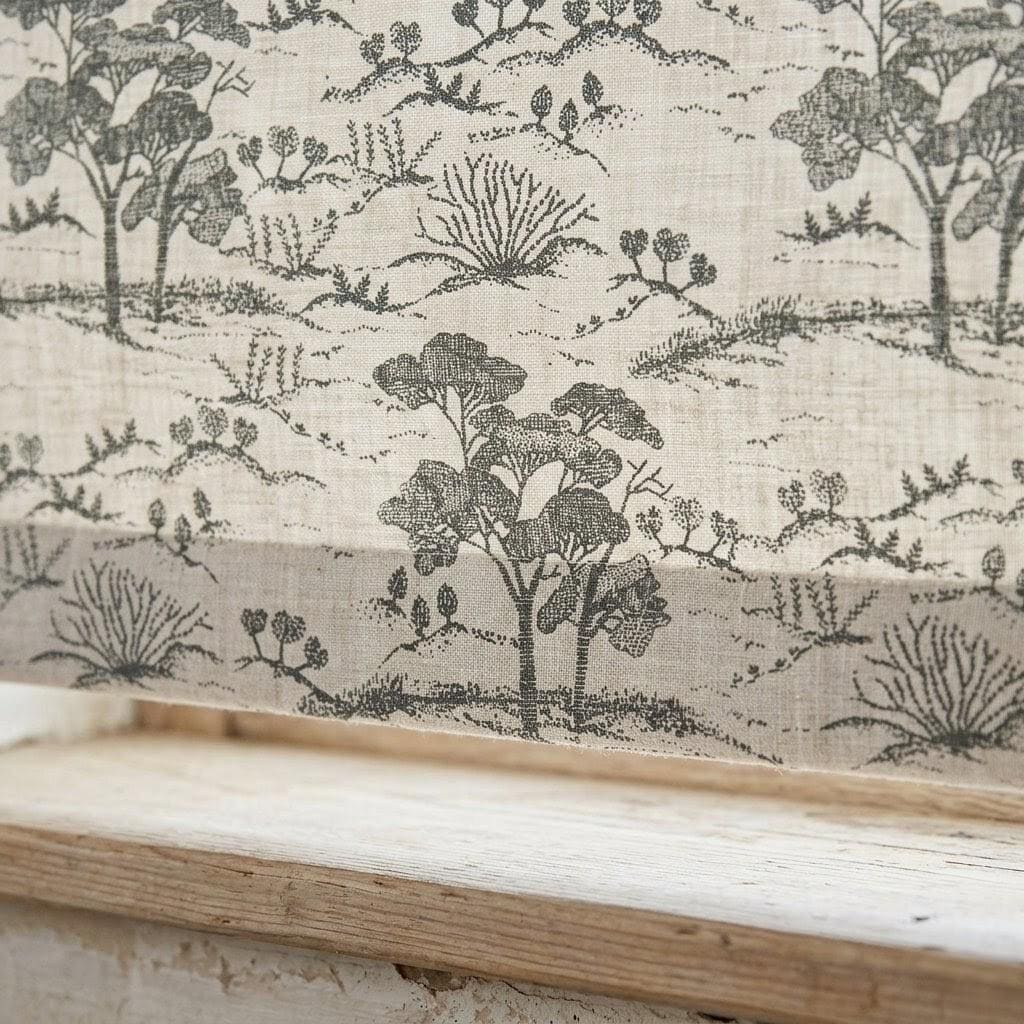 Beige Ash Grey Toile Linen Roman Shade, Woodland Tree Print Roman Blind, Custom Corded Blackout Cotton Lined Shade — image 8