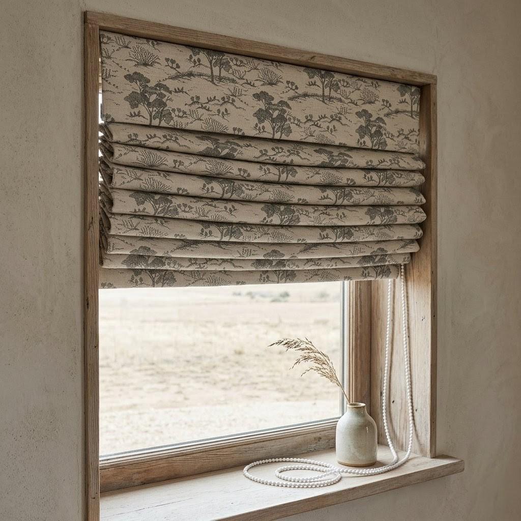 Beige Ash Grey Toile Linen Roman Shade, Woodland Tree Print Roman Blind, Custom Corded Blackout Cotton Lined Shade — image 6