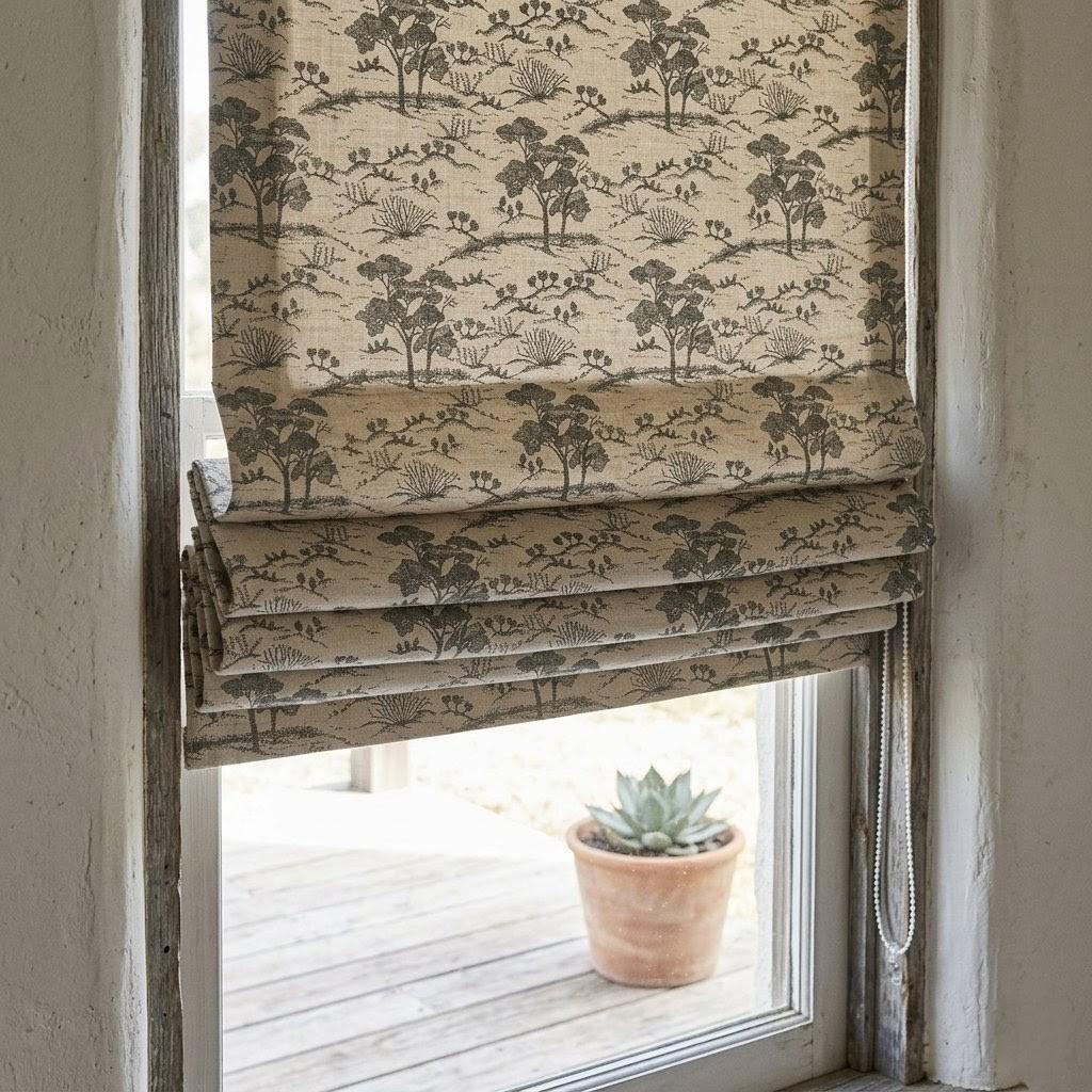 Beige Ash Grey Toile Linen Roman Shade, Woodland Tree Print Roman Blind, Custom Corded Blackout Cotton Lined Shade — image 3