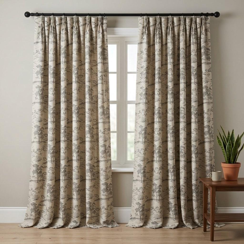 Beige Ash Grey Toile Linen Curtains, Tree Landscape Print Drapes, Custom Linen Panels, Blackout or Cotton Lined Curtains — image 8