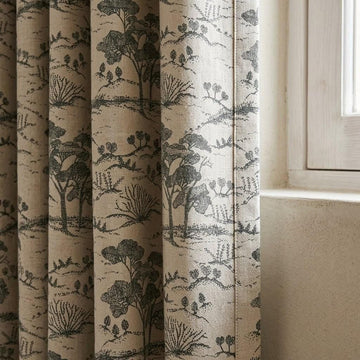 Beige Ash Grey Toile Linen Curtains, Tree Landscape Print Drapes, Custom Linen Panels, Blackout or Cotton Lined Curtains — image 1