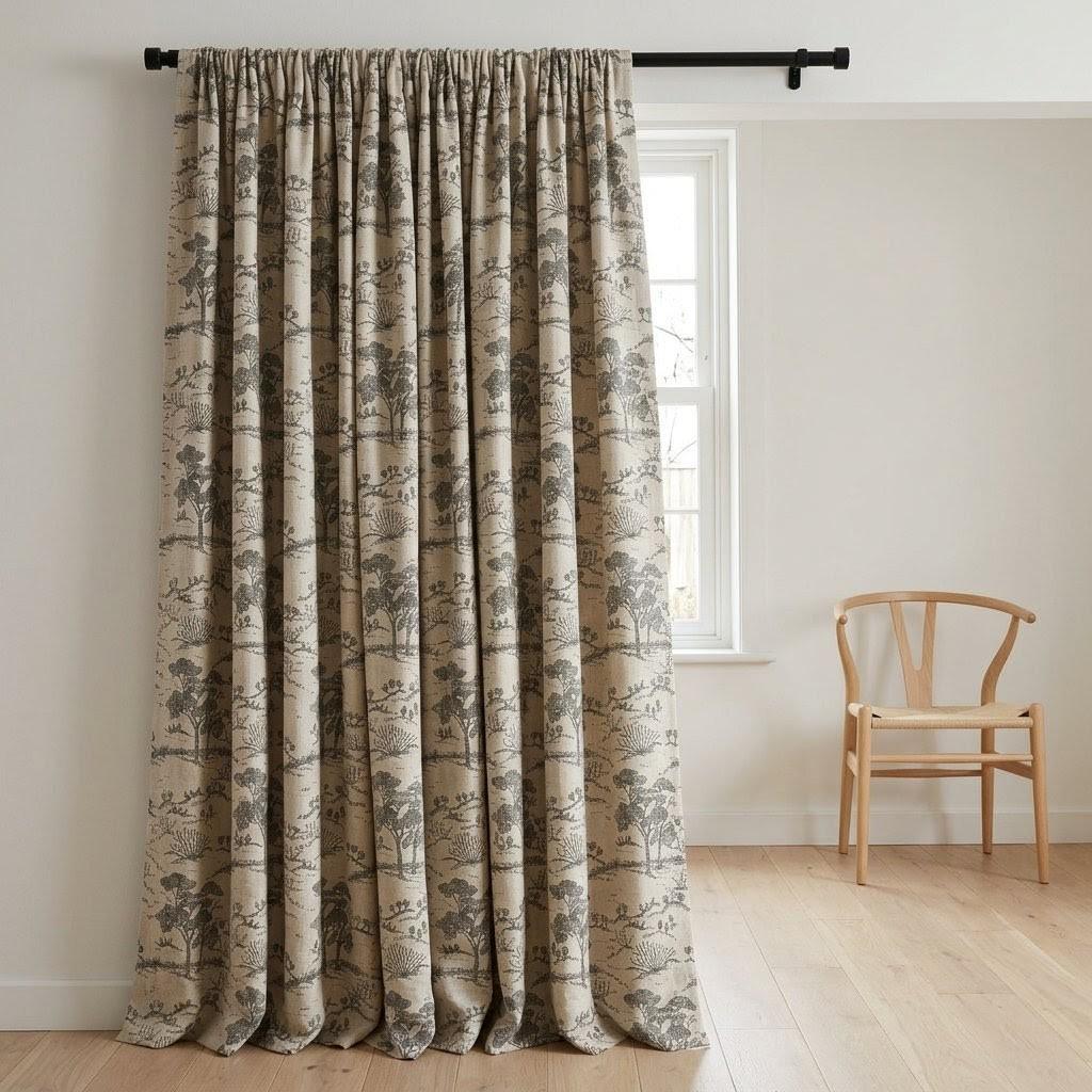Beige Ash Grey Toile Linen Curtains, Tree Landscape Print Drapes, Custom Linen Panels, Blackout or Cotton Lined Curtains — image 9