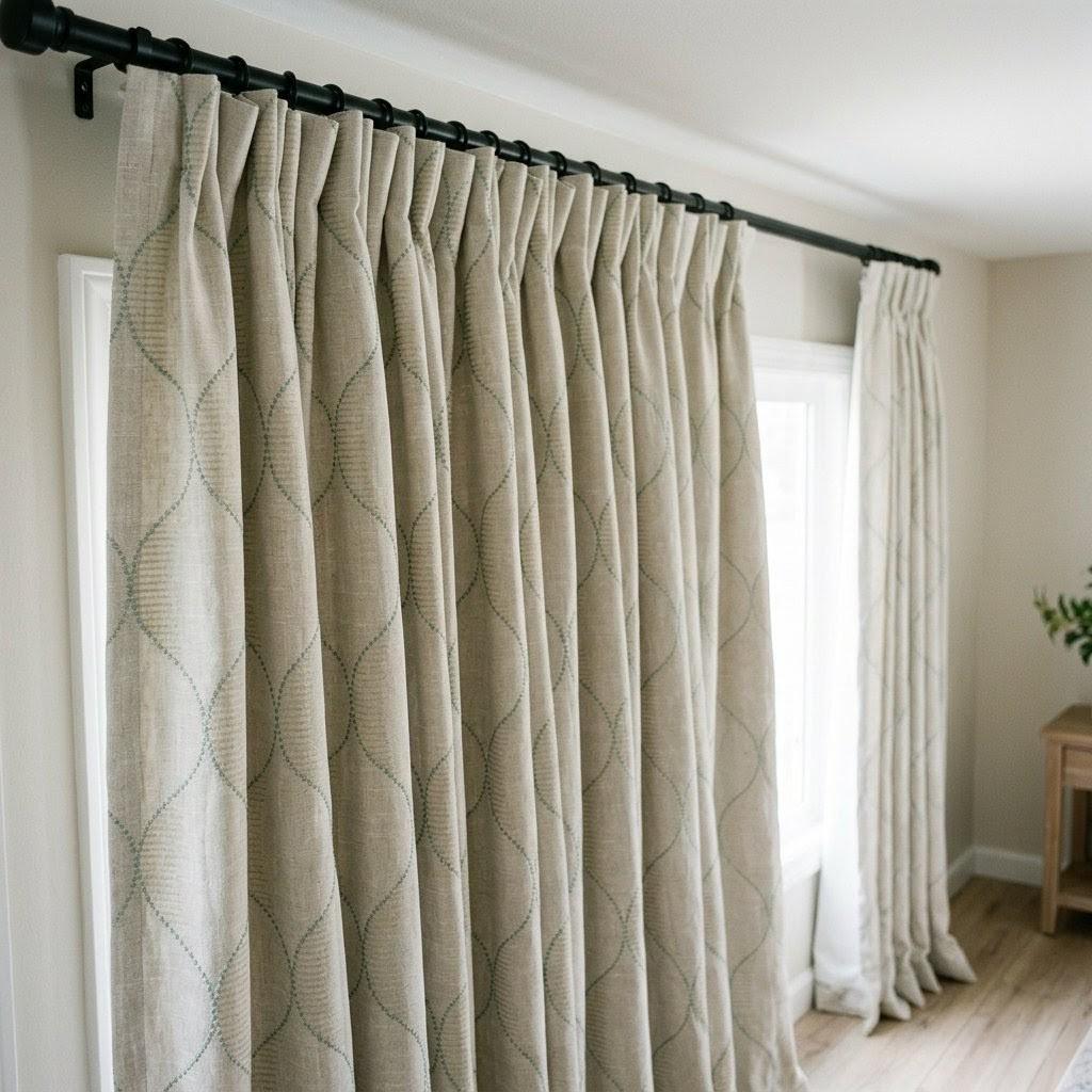Sage Green Geometric Embroidered Linen Curtains, Oatmeal Beige Trellis Panels — image 5