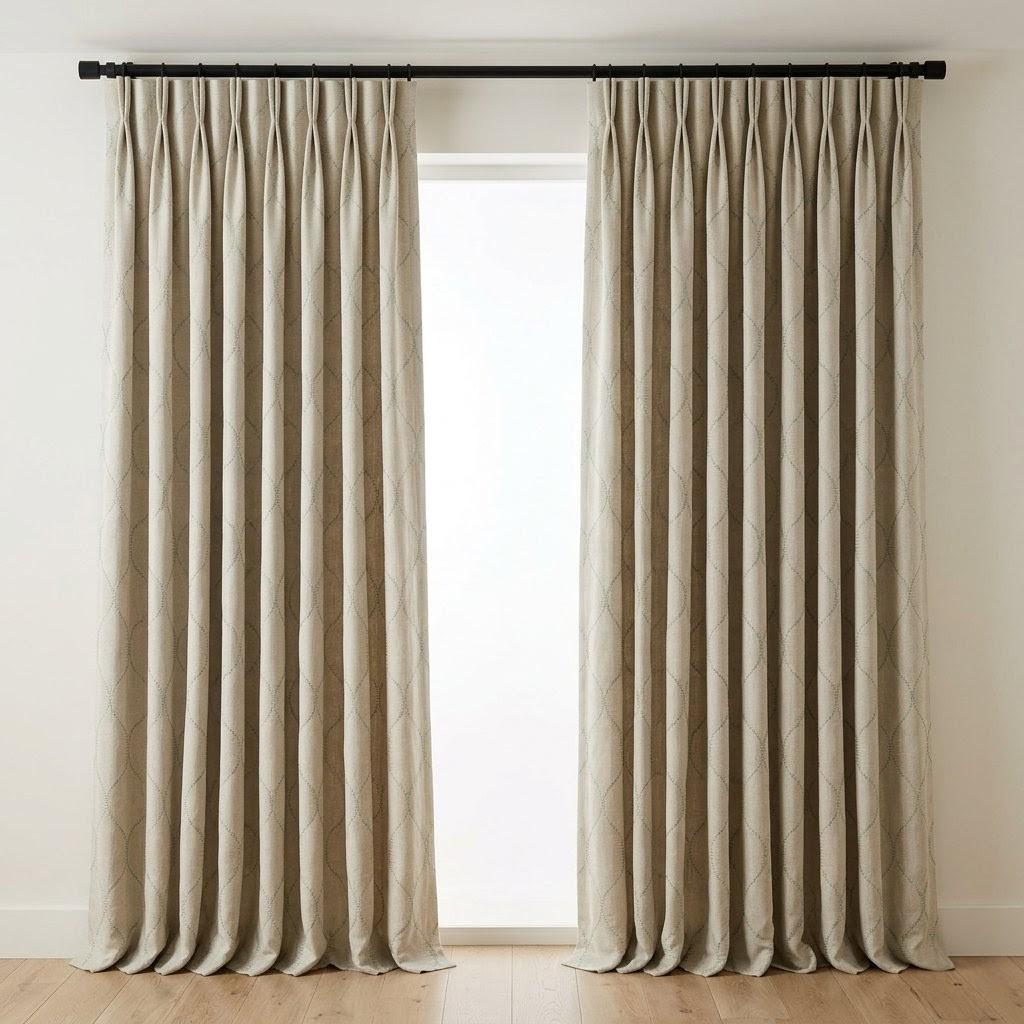 Sage Green Geometric Embroidered Linen Curtains, Oatmeal Beige Trellis Panels — image 10
