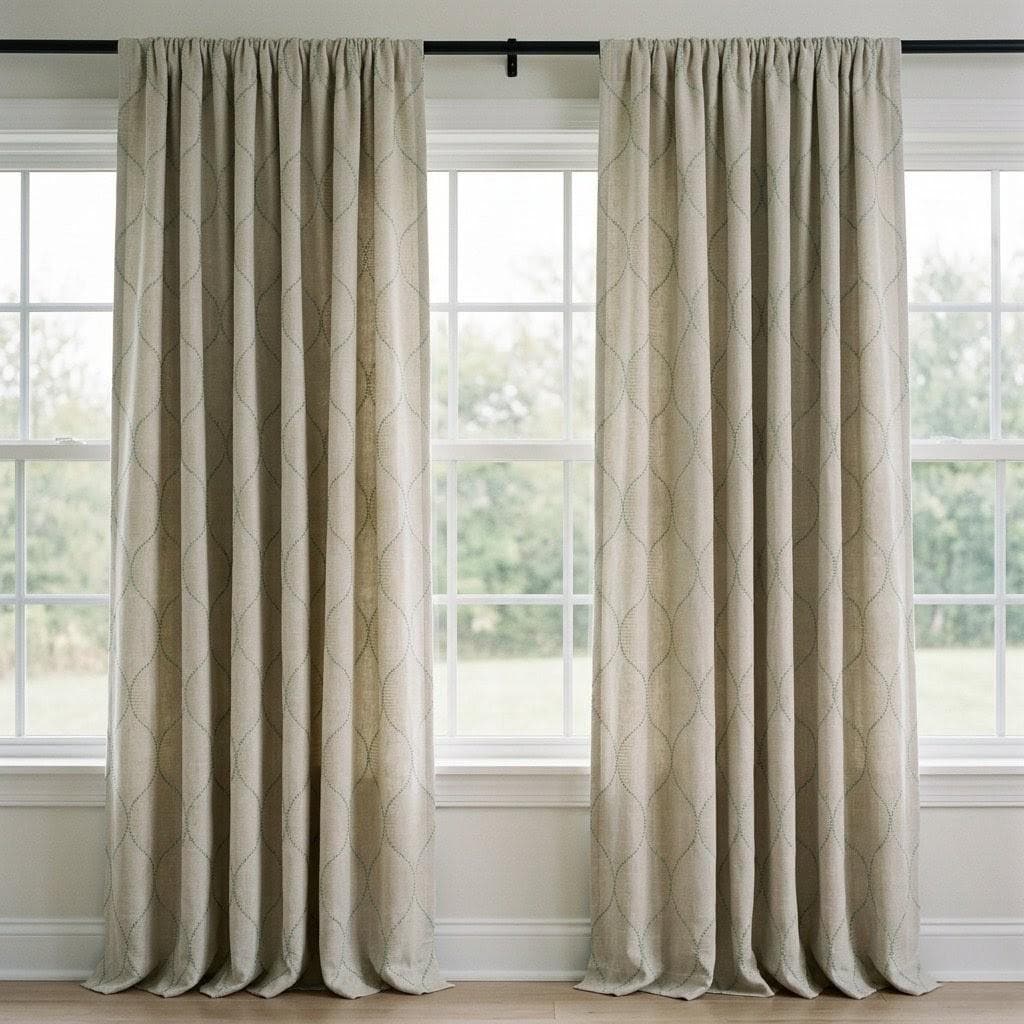 Sage Green Geometric Embroidered Linen Curtains, Oatmeal Beige Trellis Panels — image 4
