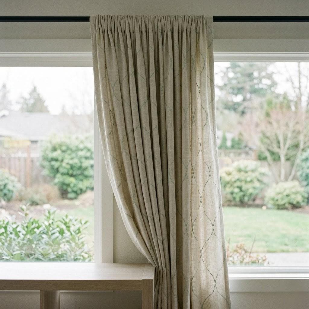 Sage Green Geometric Embroidered Linen Curtains, Oatmeal Beige Trellis Panels — image 7