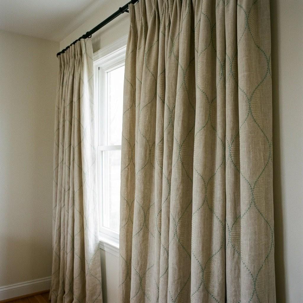 Sage Green Geometric Embroidered Linen Curtains, Oatmeal Beige Trellis Panels — image 2