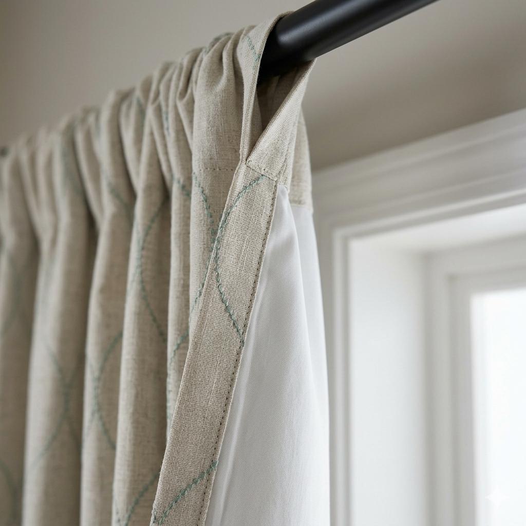 Sage Green Geometric Embroidered Linen Curtains, Oatmeal Beige Trellis Panels — image 9