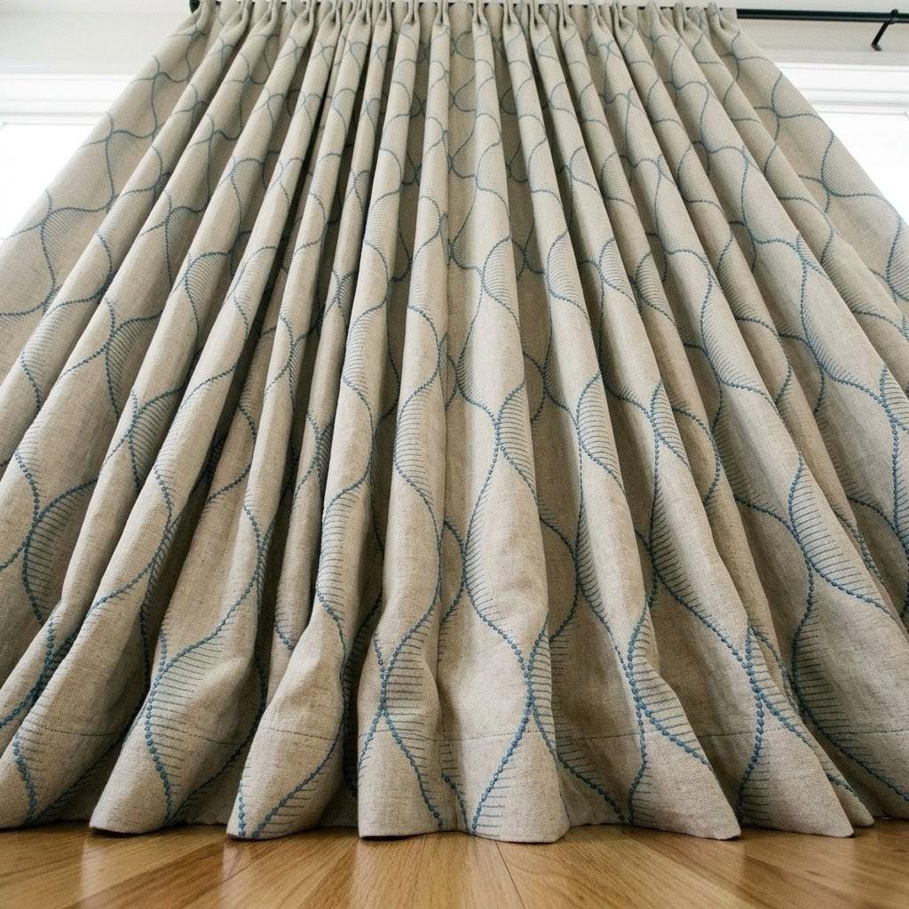 Sky Blue Geometric Embroidered Linen Curtains, Beige Ogee Trellis Panels — image 5